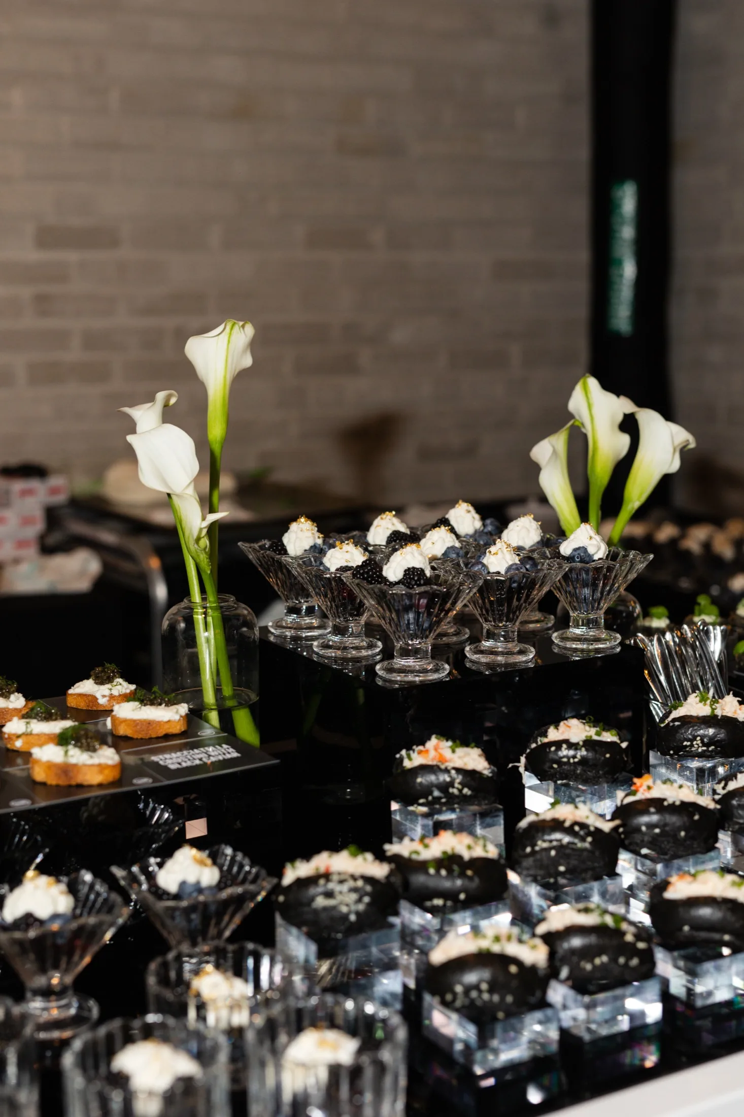 A tray of composed canapes prepared for event service