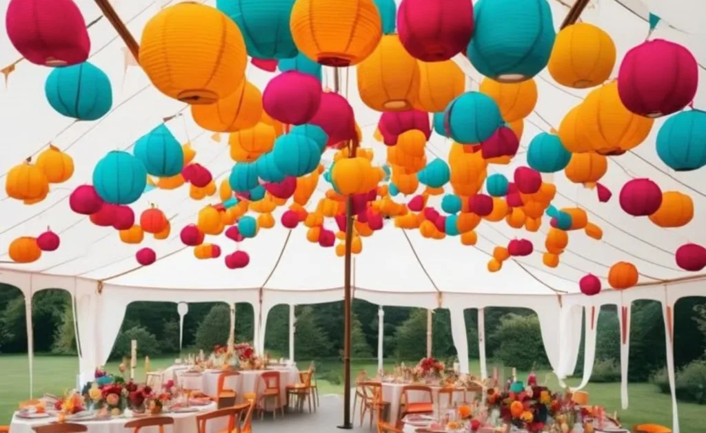 A colorful outdoor event tent with styled decor
